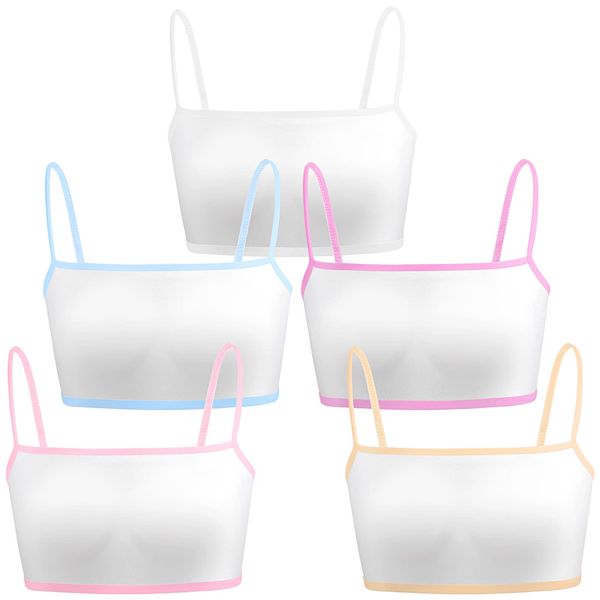 5 Pieces Sports Bras for Teens Girls Bras 7-16 Girls Cotton Training Crop Bra Lightweight Seamless Sports Bras Tops for Girls Crop Tops Kids for Girls White