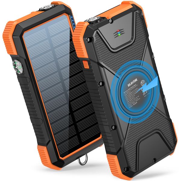 BLAVOR Solar Power Bank, PD18W QC3.0 Fast Charging 10W Wireless Charger 20000mAh Solar Powered Powerbank with Type C Input/Output, IPX5 Waterproof, Camping Flashlight, Compass, Carabiner