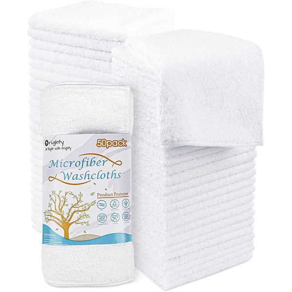 Orighty Microfiber Washcloths Towels Set 50 Pack, Highly Absorbent and Soft Feel Face Cloths, Multi-Purpose Wash Cloths for Bathroom, Hotel, Spa, and Gym, 12x12 Inch