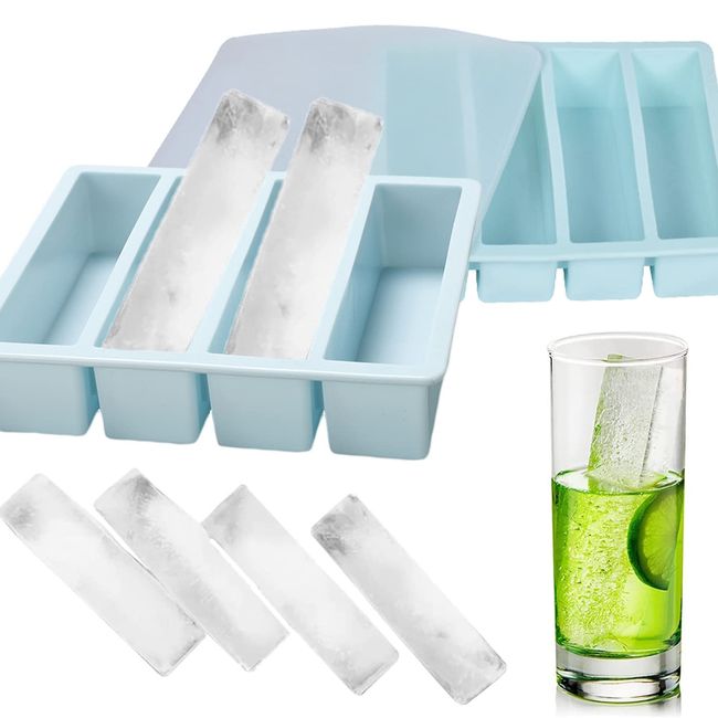 Ice Cube Tray, Square Ice, 4 Holes, Silicone with Lid, Cute, Elongated, Rectangular Ice, Easy to Release, Ice Making Container, Jelly Beverage, Fruit, Transparent Ice, Small Ice Maker, Home Use, Four Corners, Freezing, Kitchen Utensils, Blue