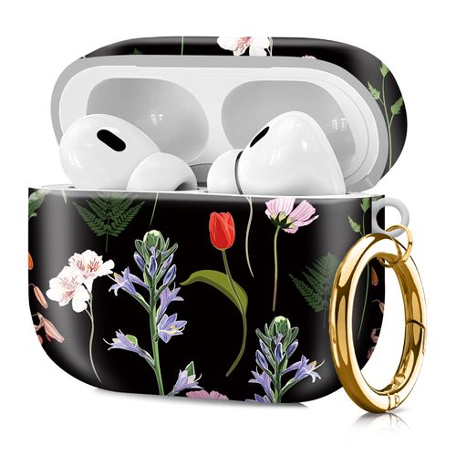 Compatible with Airpod pro 2nd/1st Generation Case Cover with Gold Round Keychain Cute Pattern Hard & Anti Slip Cover for Men Women & Girls（Blooming Flowers）