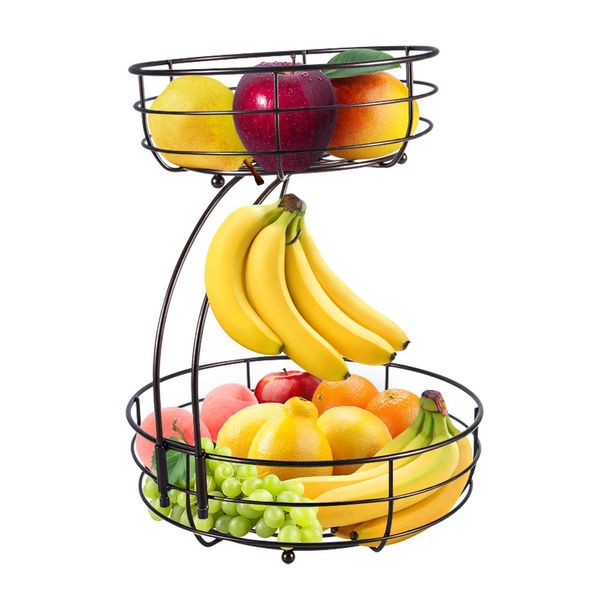 Fruit Stand Vegetable Basket Countertop Fruit Basket Bowl Storage Kitchen Home Metal Cast Iron (2 Tier Black)