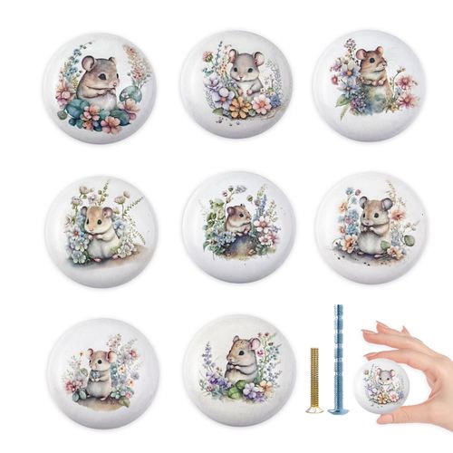 Lasyman 8Pack1.5 Hamsters with Flower Ceramics Knob Handle Cute Animal Kids Nursery Cabinet Dresser Drawers Pulls and Knobs