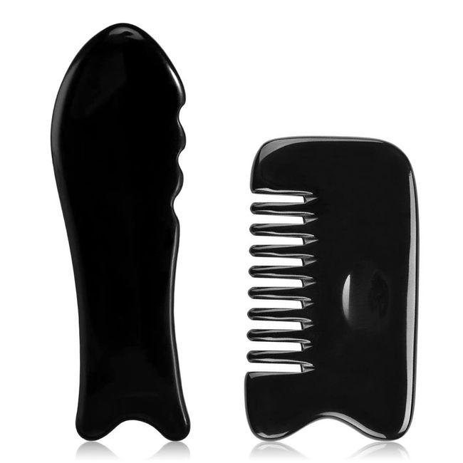 2er-Pack Büffelhorn Gua Sha Board Gesichts Yoga Gua Sha Board für Massage Gesicht Nacken Massage Werkzeug Beauty Tool 2 Formen (Schwarz)