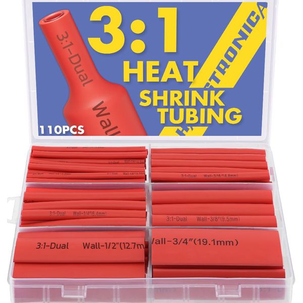 haisstronica 110pcs 3:1 Heat Shrink Tube With Rich Hot Melt Adhesive -Marine Grade Heat Shrink Tubing 3.5"Length Perfect for Electrical Wiring And Insulation-6 common sizes 1/8"-3/4" (Red)