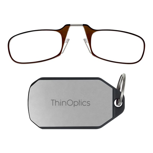 ThinOptics Keychain Case + Rectangular Reading Glasses, Brown, 44 mm + 1