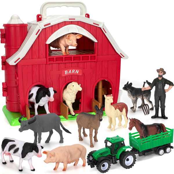 Toddlers Farm Animals Toys for 1 2 3 Year Old, Big Red Barn Farm with Animal Figures and Tractor Toys for Kids 3-5, Farm Playset Educational Learning Toys for Boys Girls,Ideal Christmas Birthday Gifts