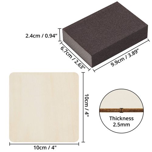 Belle Vous Square Blank Plywood Sheets (50 Pack) - 10cm/4 Inches DIY Pyrography Wood for Wooden Coasters & Crafts - Plywood Board/Plank Set with Sanding Sponge