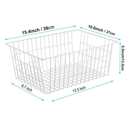 iPEGTOP Wire Storage Freezer Baskets, Set of 2 Large 15.4" Household Metal Organizer Storage Bins Basket for Kitchen Cabinets, Refrigerators, White