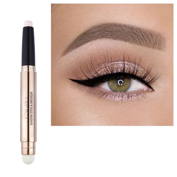 Ofanyia Eyeshadow Sticks, 2 in 1 Cream Shimmer Eye Shadow Pencil Crayon, Waterproof Long Lasting Eye Shadow Highlighter Stick, Double End Eyeshadow Pen with Sponge Brush (02# Light Gold Shimmer)