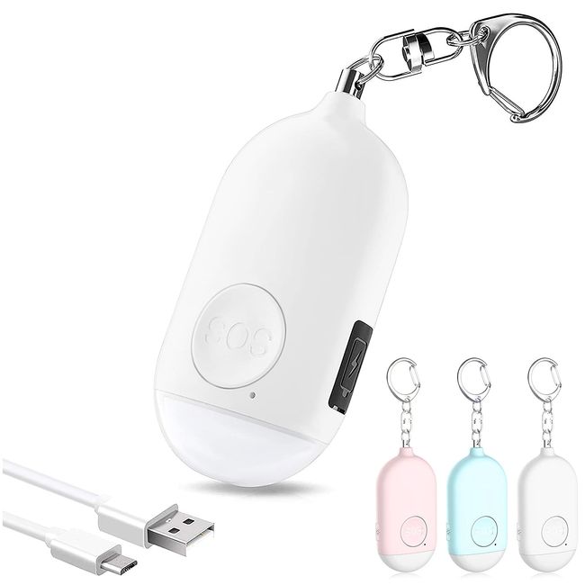 Personal Alarm with LED Light, USB Rechargeable, Loud 130 dB Waterproof, Elementary School, Girls, Boys, Women, Adults, Children (White)