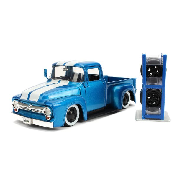 Jada 1956 Ford F-100 Pickup Truck Blue Metallic with White Stripes and Extra Wheels Just Trucks Series 1/24 Diecast Model Car