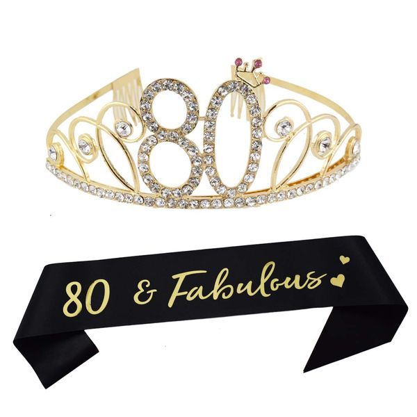 Dgasin 80th Birthday Tiara and Sash Happy 80th Birthday Party Supplies 80 Fabulous Black Glitter Satin Sash and Gold Crystal Tiara Princess Birthday Crown for Women 80th Birthday Party Decorations