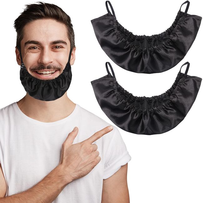 MIKIMIQI Beard Bandana, 2 Pack Men Beard Bib Black Beard Covers Soft Comfortable and Silky Satin Facial Hair Apron Guard Bonnet Rag Man Bedtime Bib Beard Cap Ear Beard Bandana