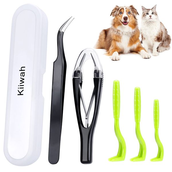 Kiiwah 5pcs Tick Removal Tool Set, Tick Remover with Storage Box for Dogs, Retractable Tweezers and Tick Hooks for Humans, Dogs, Cats Tick Removing