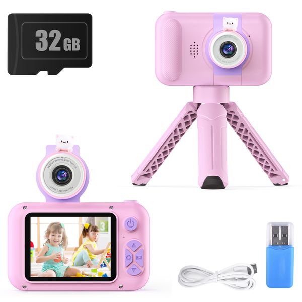 PURULU Kids Camera with Flip-up Lens for Selfie & Video, HD Digital Camera with 32GB SD Card, Ideal for 3-8 Years Old Girls Boys on Birthday Christmas Party as Gift(Pink)