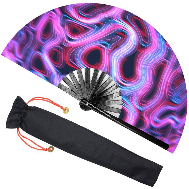 Zolee Large Rave Folding Hand Fan with Bamboo Ribs for Men/Women - Chinese Japanese Handheld Fan with Fabric Case - for Dance Music Festival Party, Performance, Decorations, Gift (Psychedelic)