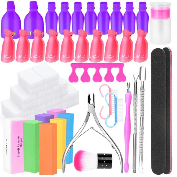 Nail Polish Remover Tools Including 1000Pcs Cotton Pads 20Pcs Nail Clips 6Pcs Nail File, Triangle Cuticle Set 2Pcs Nail Brush 2Pcs Grinding Blocks, Polishing Block, Dead Skin Fork