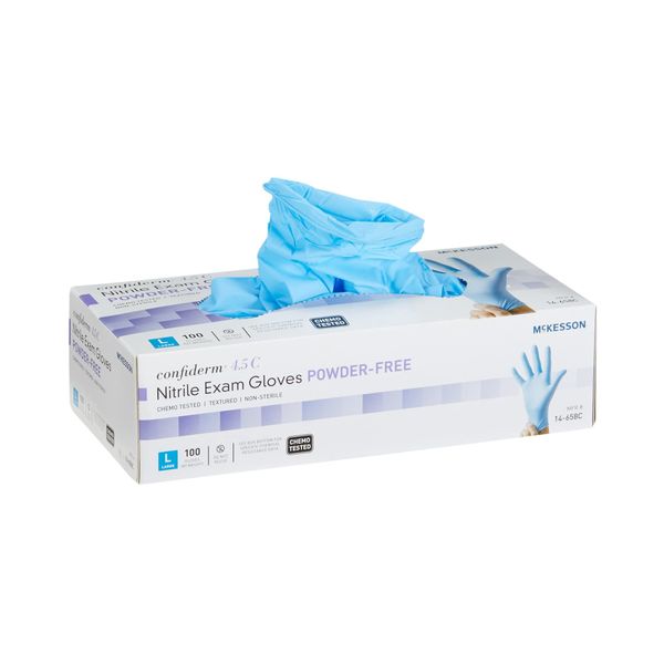 McKesson Confiderm 4.5C Nitrile Exam Gloves - Powder-Free, Latex-Free, Ambidextrous, Textured Fingertips, Chemo Tested, Non-Sterile - Light Blue, Size Large, 100 Count, 1 Box