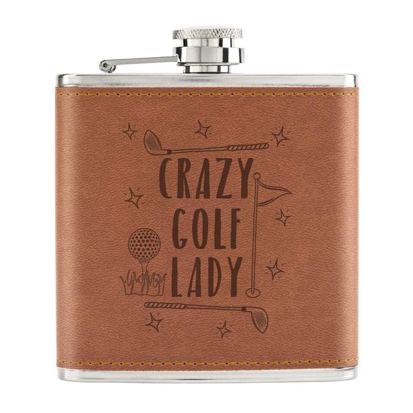 Crazy Golf Lady 6oz PU Leather Hip Flask Tan