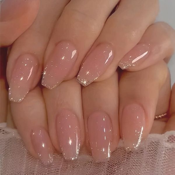 24 Pezzi Unghie Finte Adesive Glitterate Press on Nails Unghie finte corte French Press on Nails Acrilico Copertura Completa Stick sulle Unghie Artificiali per Donne Ragazze Nail Art