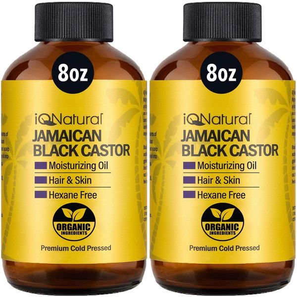 IQ Natural Jamaican Black Castor Oil for Hair Growth and Skin Conditioning, 100% Pure Cold Pressed, Scalp, Nail and Hair Oil - (2 PACK Unscented) (8oz)