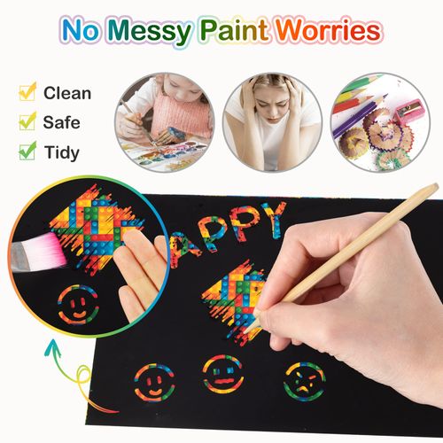 Mocoosy 60 Pcs Scratch Art Paper for Kids, Rainbow Magic Scratch Off Paper Sheets Set, Black Scratch Pads Note Arts and Crafts Kit for Kids Party Games Activities Christmas Birthday Gift for Ages 3-12