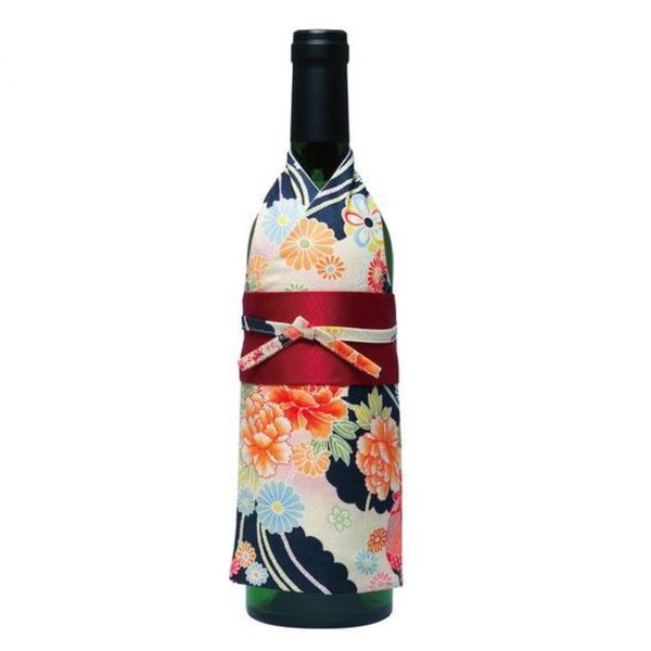 Kimono Bottle Cover, Made in Japan, Wine Bottle Covers, Wine Bottle Topper, Christmas, Wedding, Birthday, Travel, Holiday Party (Wine Bottle, OTAIKO/HANARYOURAN - Navy)