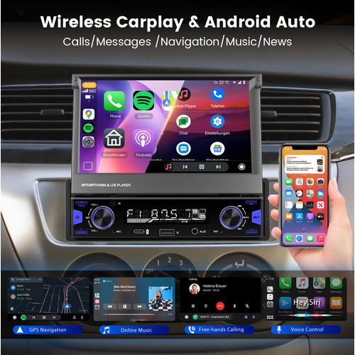 Single Din Car Radio with Wireless Carplay Android Auto,7 Inch Flip Out Touch Screen with Bluetooth FM/AM/RDS Radio, Car Stereo MirrorLink/USB/AUX/Type-c/Steering Wheel Control+Backup Camera