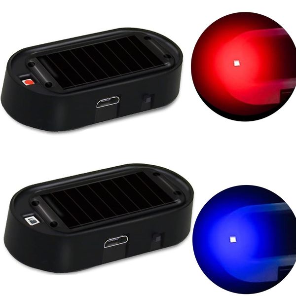 JinRui-T 2PCS Solar Power Fake Car Alarm LED Light Simulated Dummy Warning Anti-Theft LED Flashing Security Light Car Alarm System Lamp with USB Port Blue & Red Light (Black)