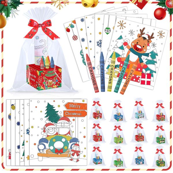 Containlol 24 Pack Christmas Party Favors Christmas Coloring Craft Kit 24 Christmas Gift Box with 144 Christmas Coloring Poster 120 Crayon Bulk for Xmas Fidgets Prizes Goodie Bag Stuffer Activities