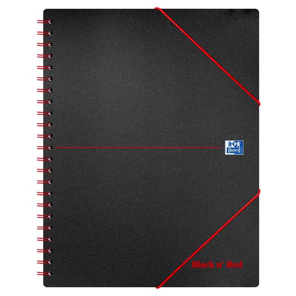 Oxford Black n' Red Frame Ruled with Margin Wirebound Poly Meeting A4+ Notebook with Elasticated Wallet and 3 Flap Folder, 4 Hole Punched, 160 Perforated Pages