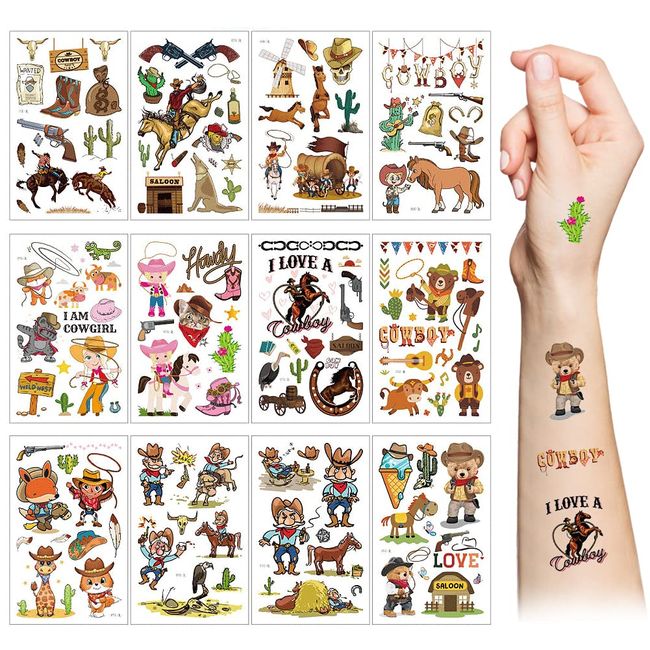 Western Cowboy Temporary Tattoos,12 Sheets Wild West Cowboy&Cowgirl Cactus Horse Cow Waterproof Fake Tattoo Stickers for Kids Boys Girls Birthday Gifts Party Favor Supplies