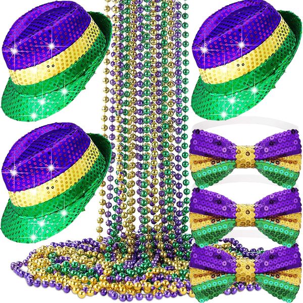 Bdecoll Karneval Karneval Zubehör Set Mardi Gras Meowdi Gras Hut - Pailletten Fliege - Bunte Perlenkette Karneval Kostüm Set für Karneval Party Favors