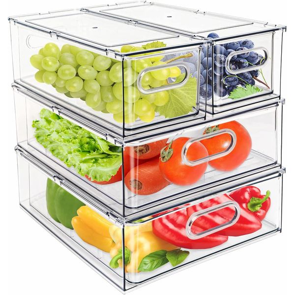 4Pack Stackable Refrigerator Organizer Bins Pull Out Drawer Large Vegetable Frui