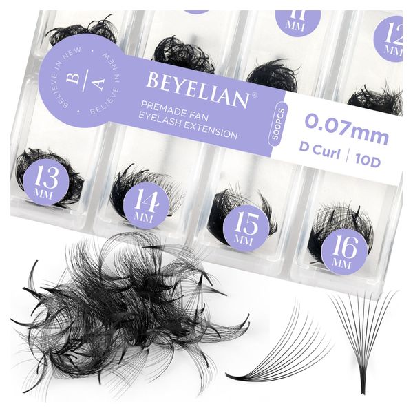 BEYELIAN 500 Fans Premade Fans Eyelash Extensions 0.07mm 10D/20D C/D Curl Volume Lash Extensions Pre Made Fans Lash Extensions Handmade Promade Loose Fans Thin Base 9-16mm Mixed