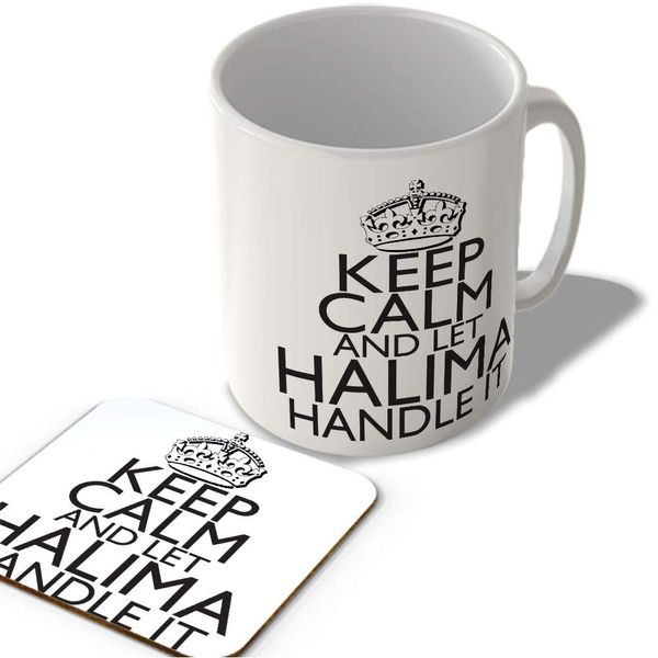 McMug - Keep Calm and Let Halima Handle It - White Background - Mug and Coaster Set, Ceramic, 11fl.oz.