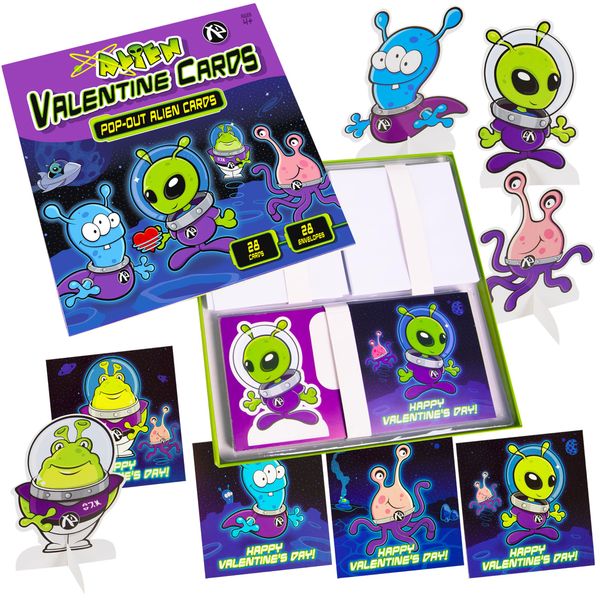 28-Pack Alien Pop Out Valentines Day Cards with Envelopes & Stickers I Valentines Day Cards for Kids School I Valentines Day Gifts for Kids Party Favor I Exchange Valentines Cards for Kids Classroom