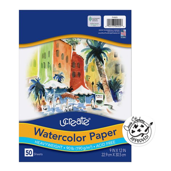 UCreate Watercolor Paper, White, Package, 90lb., 9" x 12", 50 Sheets