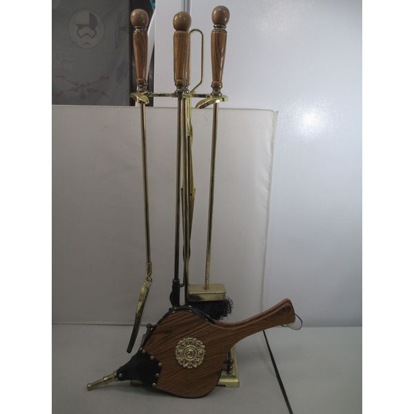 Vintage Brass & Wood Fireplace Tool Set w/ Stand Taiwan Bellows Poker Brush Etc