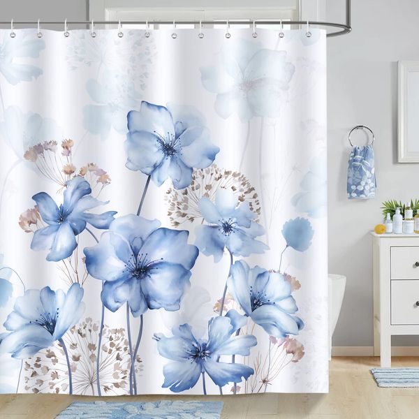 Bonhause Blue Floral Shower Curtain Watercolor Flower Modern Bathroom Curtain 180 x 180 cm Waterproof Mildew & Mould Resistant Polyester Fabric Bath Curtain with 12 Hooks