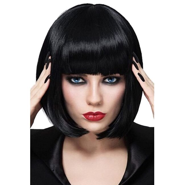 Faddishair Perücke Bob Kurze Schwarze 25,4 cm Gerade mit Pony Synthetische Bunte Cosplay Halloween Perücke für Damen