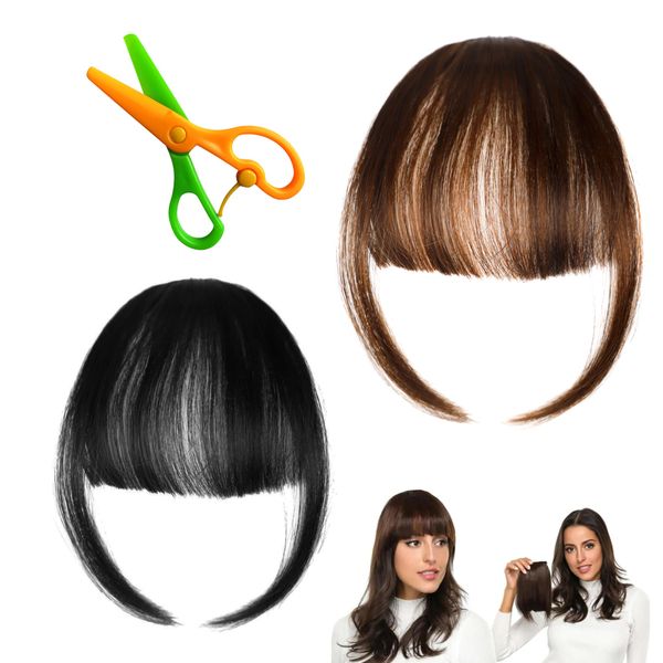 CZNBZIU 2 Stück Clip In Pony 100% Remy Echthaar Fringe Bangs Haarverlängerungen, One Piece Human Hair Pony Haarteil, Clip In Bangs Mit Schläfen, Tägliche Tragen Für Mädchen Frauen, Schwarz