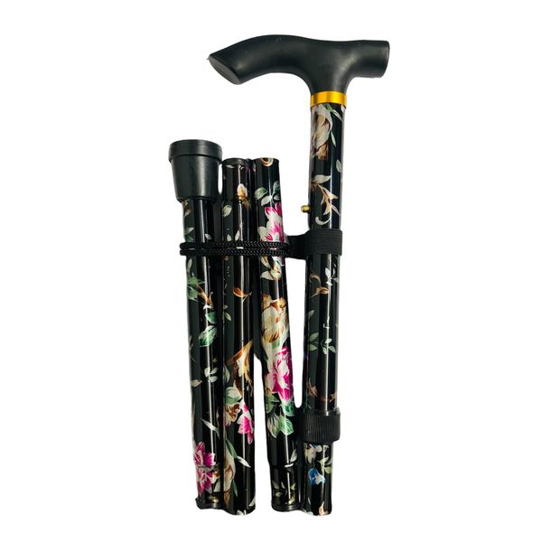 Walking Stick, Easy Adjustable Height Folding Extendable Walking Cane, Lightweight Flexible and Durable, Walking Aid Mobility Aid, Collapsible Walking Stick (BLACK FLORAL)