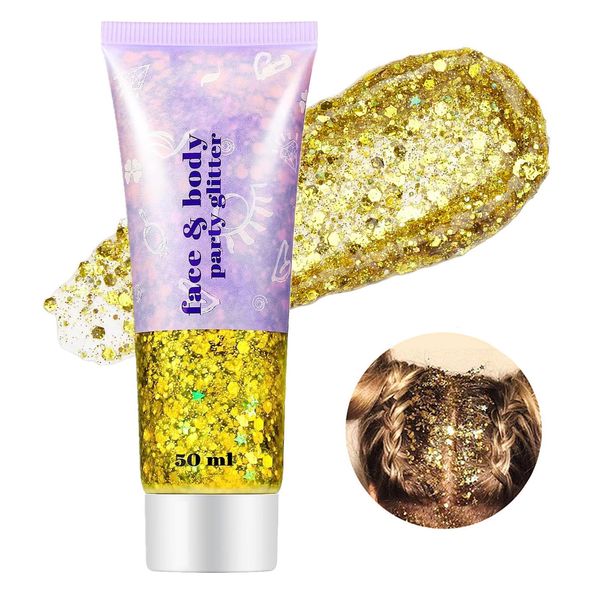 Go Ho Gold Face Body Glitter,Mardi Gras Glitter Makeup Gold Face Paint,Holographic Chunky Sequins Glitters for Eye Lip Hair Nails,Festival Glitter Rave Accessories,02 Gold Glitter