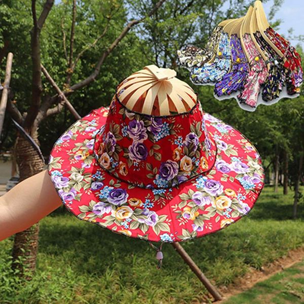 Egurs Women 2 in 1 Foldable Sun Hat Cap and Folding Handheld Fan Chinese Style Portable Floral Printed Handheld Fan and Summer Beach Cap blue