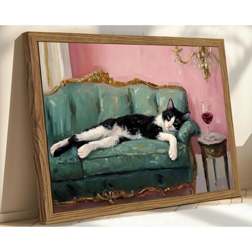 Fun Cat Wall Art Cute Tuxedo Cat With Red Wine Wall Decor Whimsical Animal Cocktail Bar Cart Canvas Poster Quirky Pet Lover Picture Print for Dining Room Living Room Wood Framed 12x16 inch