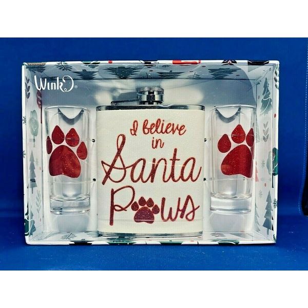 Holiday Flask and Shot Glasses Set "I Believe in Santa Paws" Pet Paw Prints