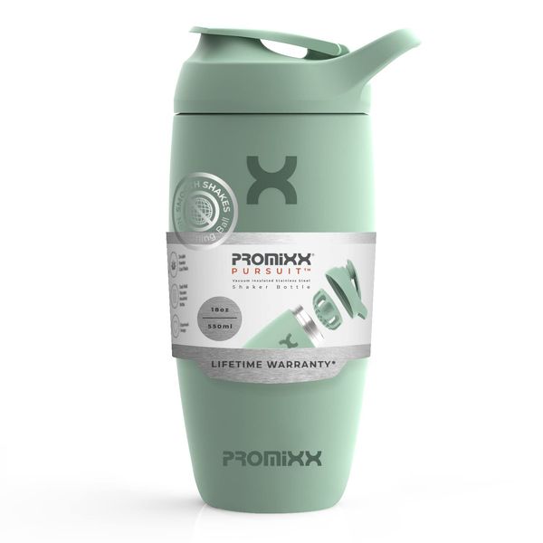 Promixx Pursuit Shaker Bottle Insulated Stainless Steel Water Bottle and Blender Cup, 550ml, Seagrass Green