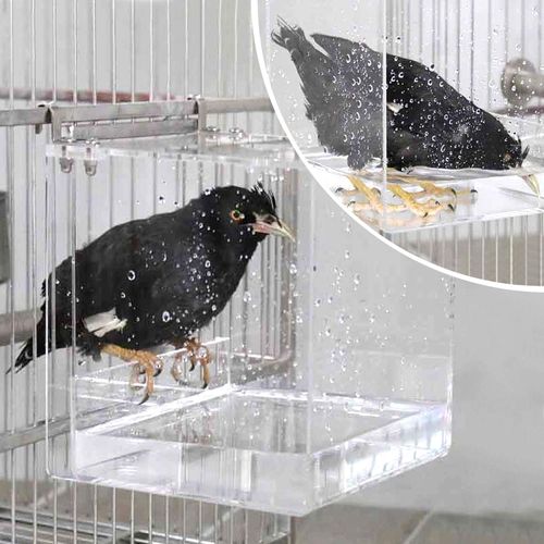 HOSUKKO Bird Bath for Cage No-Leakage Upgrated Acrylic Clear Bird Bathtub Parrot Parakeets Shower for Cage Bathtub Box for Small Bird Parrot with 4 Hooks